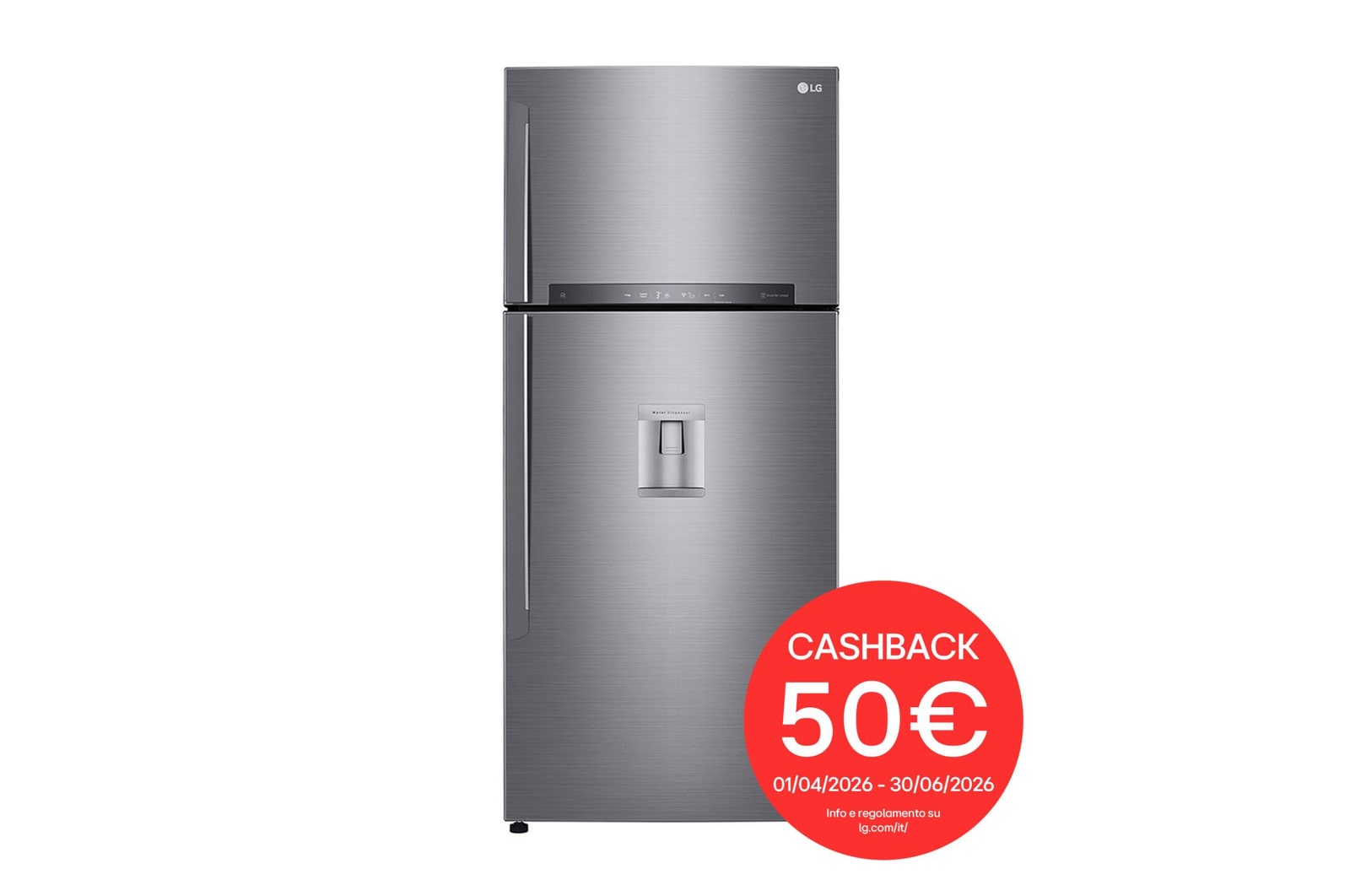 Vista frontale di Frigorifero doppia porta | Classe E, 509L | Wi-Fi, Door&Linear Cooling, Gestione umidità, Dispenser acqua, No frost | Inox GTF744PZPED
